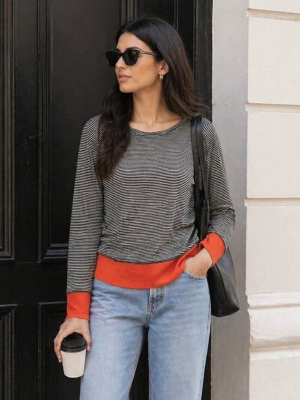 LMA Striped Top Orange Black Scoop Neck Long Sleeve Small